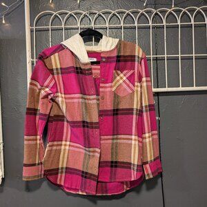 BNWT Old Navy Pink Plaid Hooded Button Top. Size XL (14-16)